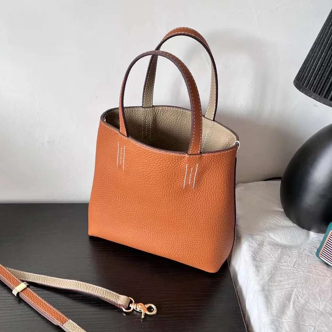 Double Sided Leather Tote Small Shopping Single Shoulder Crossbody Bag Handbag Women's Soft Top Layer Cowhide