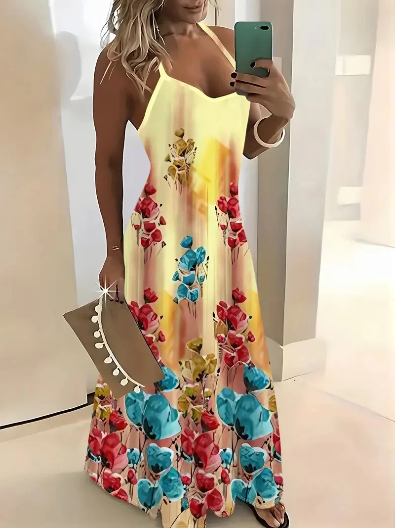 Summer loose womens colorful plant flower print V-neck print casual long skirt Bohemian beach dress 250401