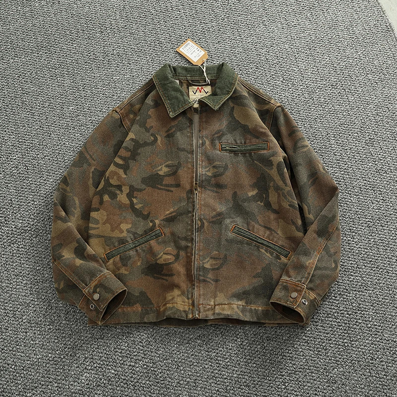 Mens Spring Casual Camouflage Jacket Retro Detroit Color Comparison Splicing Work Collar Heavy Cargo Jacket 250403
