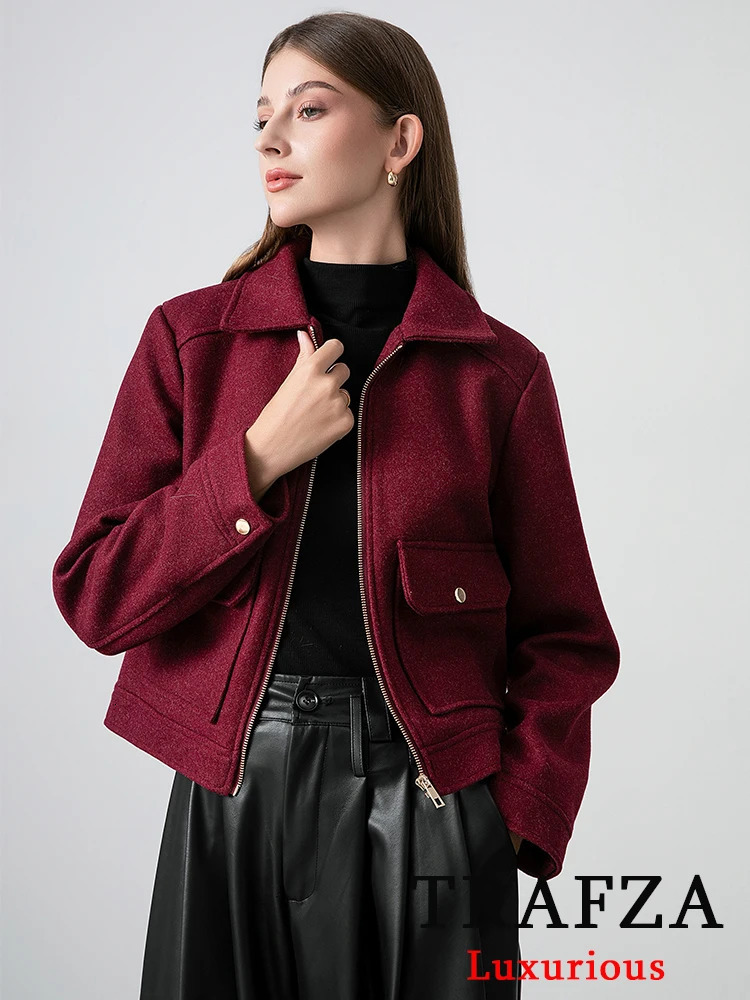 TRAFZA Red Bordeaux Loose Jakcets Womens Zipper Pocket Short Coat Fashion Spring Elegant Bomer Jacket 250407