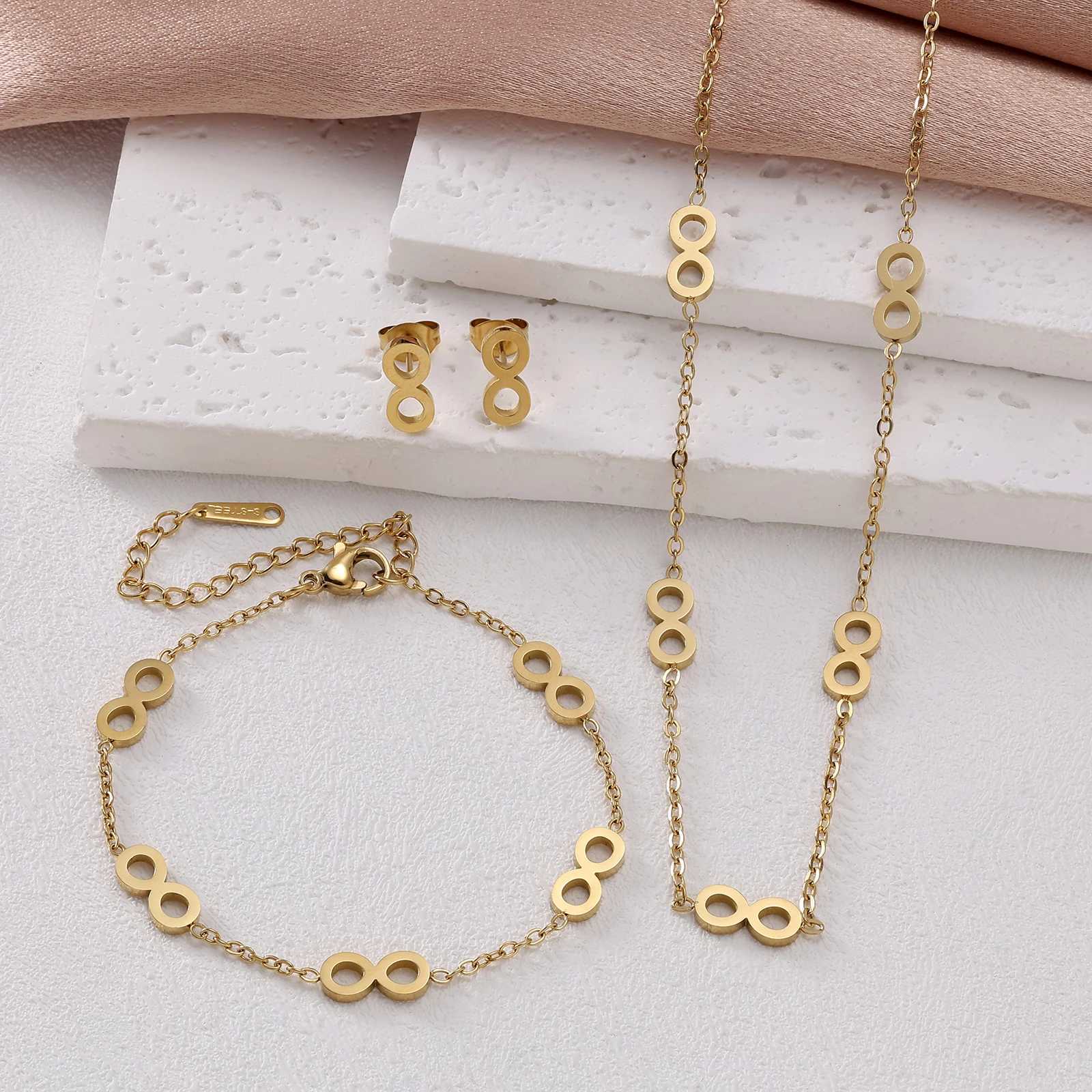 3-piece fashionable stainless steel cut 8-shaped necklace bracelet earring set suitable for womens classic Christmas gift jewelry Y250408