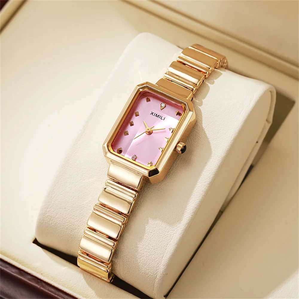 Womens Gold Square Watch Simple Korean Edition Female Student Fashion Stainless Steel Bracelet Quartz Watch Clock GiftT250408