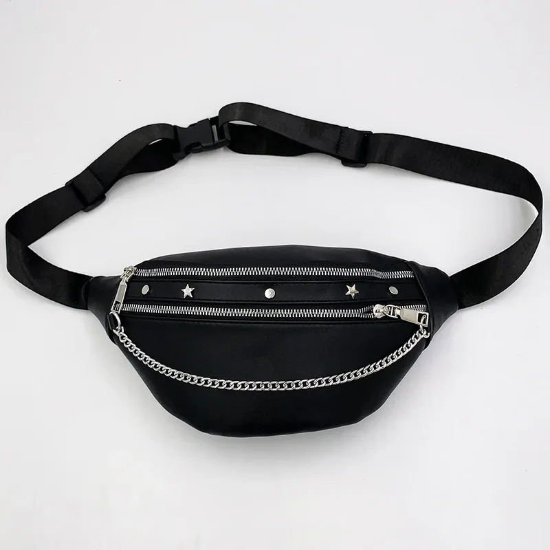 Punk Style Womens Waist Bag PU Leather Black Chest Bag Chain Banana Fun Bag Womens Waist Bag 1 Piece 250402