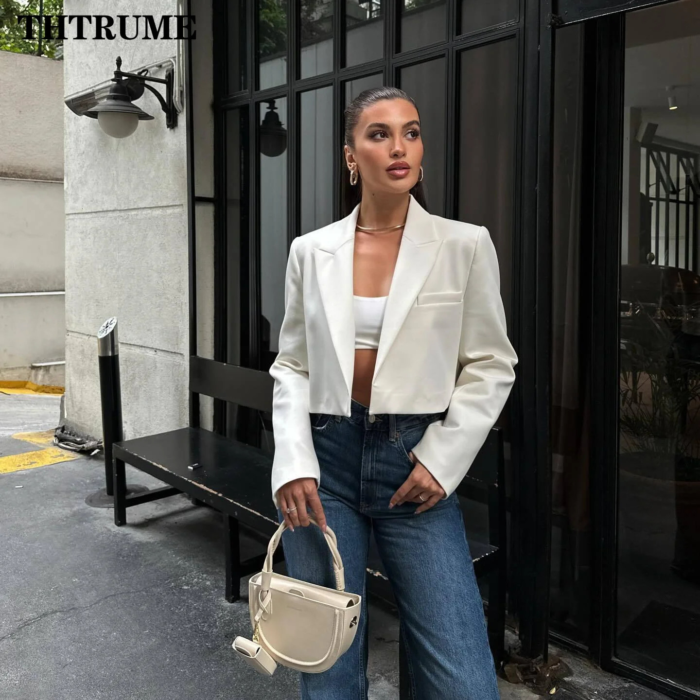 Fashionable womens white basic jacket elegant solid long sleeved autumn and winter open front casual short office 250407
