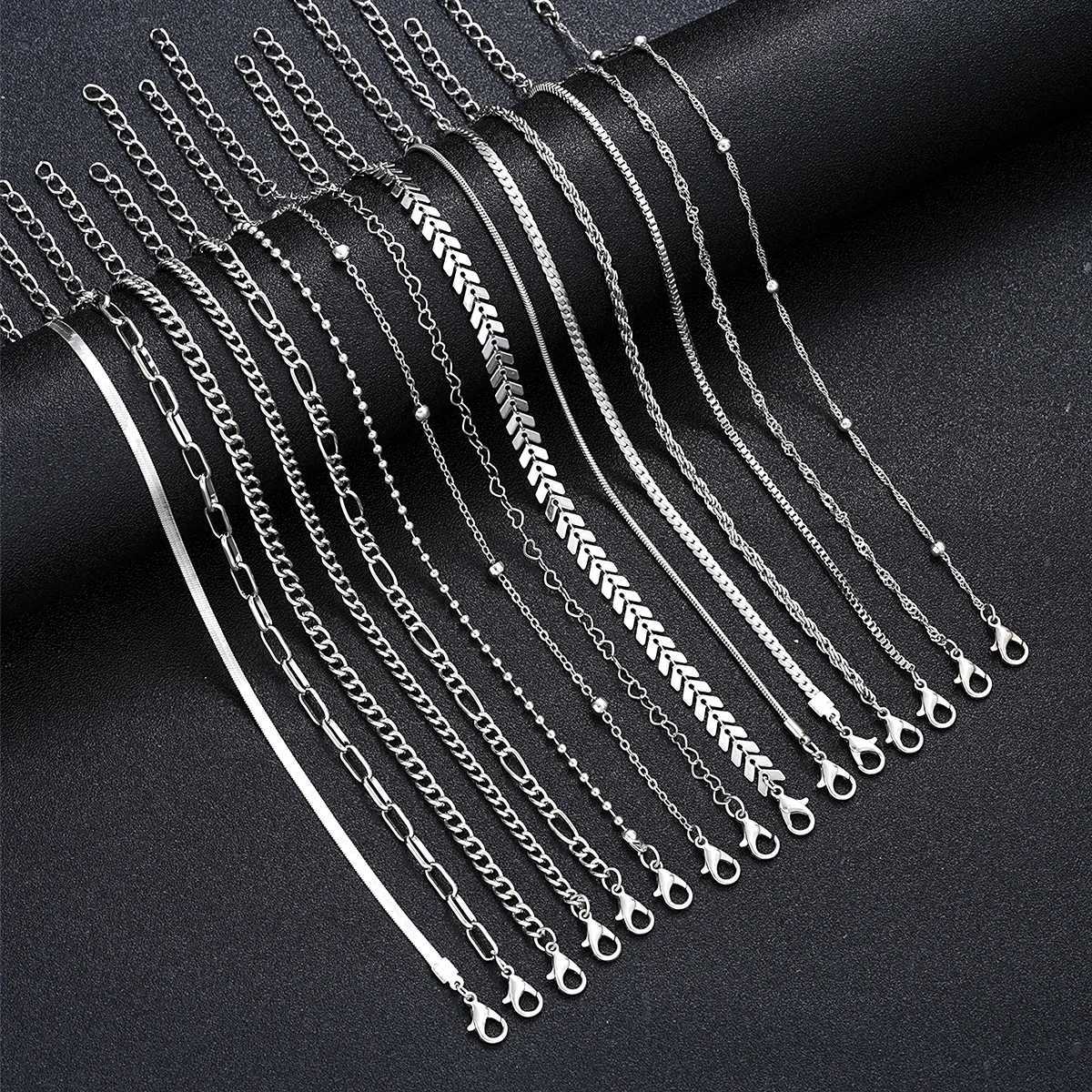 15 Pcs/Set Dainty Silver Color Metal Bracelet Set For Wen Boho Retro Thick Twist Cuban Chain Bracelet Party Tren Jewelry NewC250408