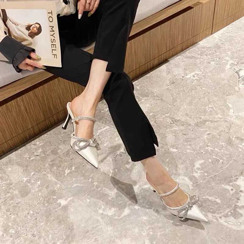 Simulated sandals and bows designed for women high heels narrow slides party bombs luxury wedding shoes summer fiXJ250407