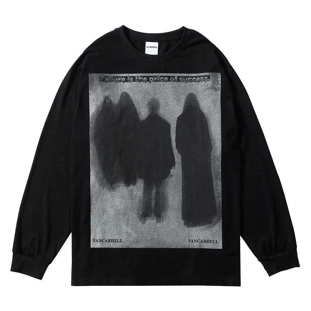 Demon Print Long Sleeve T-Shirt Mens High Street Crew Neck Cotton Tee Streetwear Loose Casual T Shirt Men