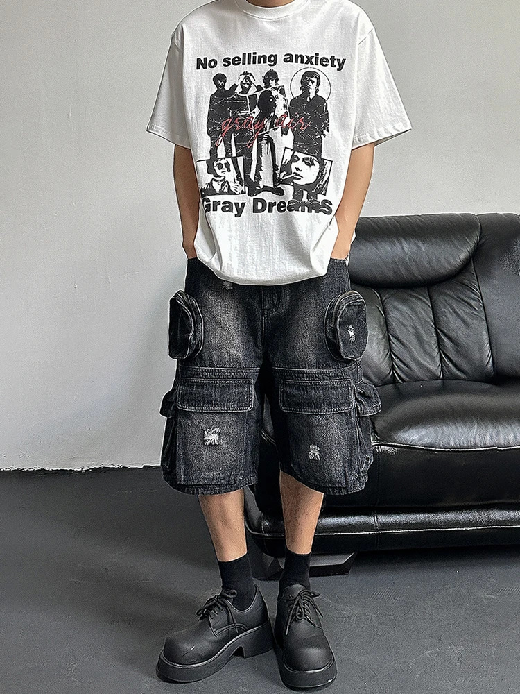 REDDACHIC Hip Hop Mens Cargo Pocket Denim Shorts Black Wash Damaged Wide Leg Jeans Jorts Retro Harajuku Street Clothing 250407