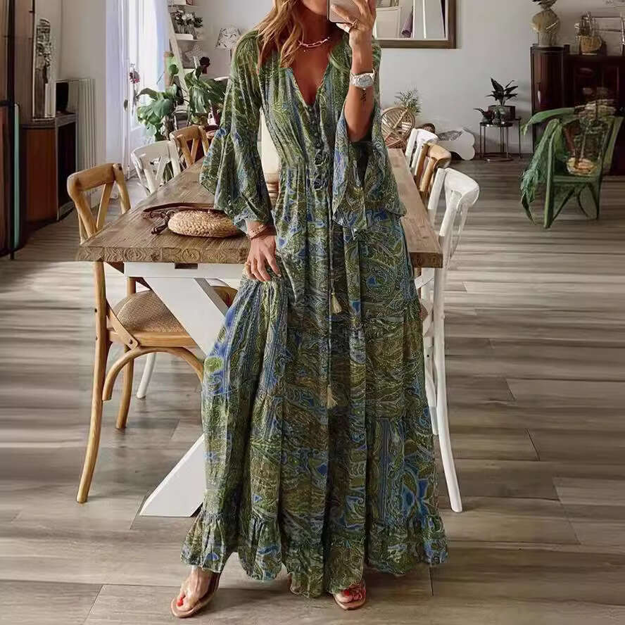 2025 Cross-Border Bohemian Style Bell Sleeve Printed V-Neck High Waist Vacation Floral Women's Long Dress