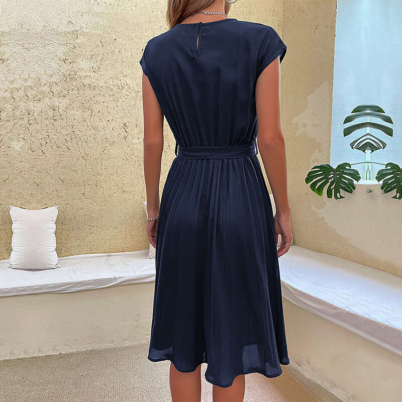 Hot selg popular European and American versatile simple explosive summer lace up solid color pleated dress, 2025 new casual fashion trend clothing