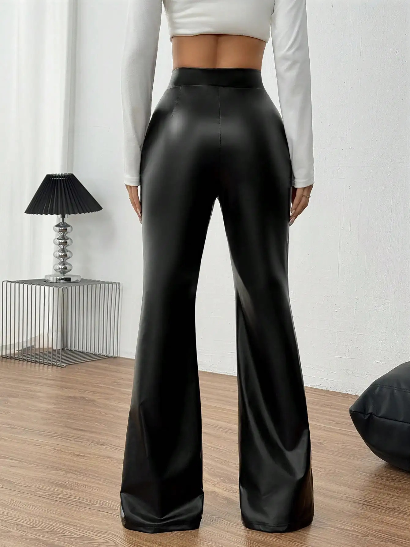 Sexy Vwaist invisible zipper corner pants leg shooting PU black autumnwinter womens 250407