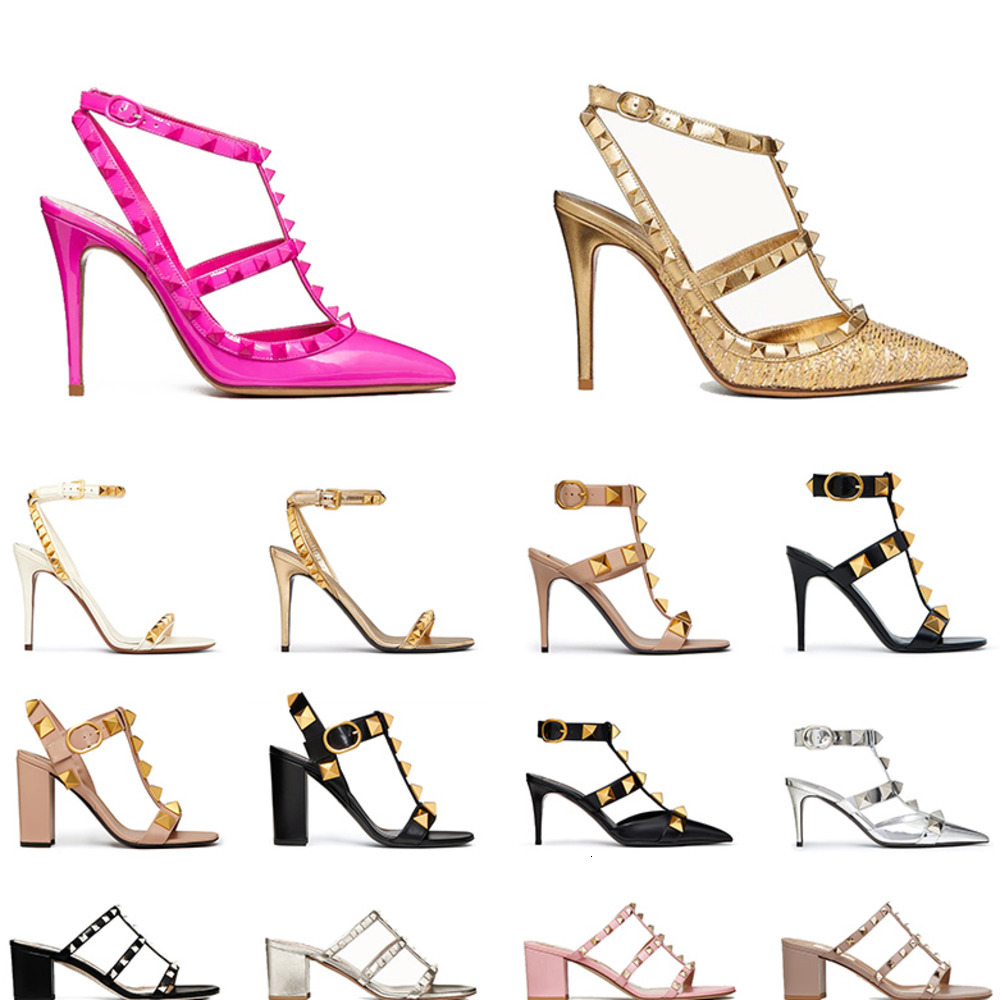With Box Women Designer Sandals Luxurys Womens High Heels Leather Stud Rivet Dress Shoes Black Silver Gold Pink Pointed Peep-toes Lady sexy Woman Sandale Size 35-42hh