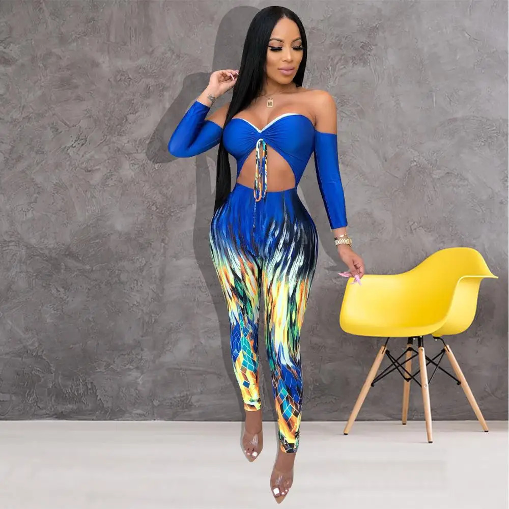 BKLD Clubwear Sexy Women Off The Shoulder Print Jumpsuits Autumn Women Tie Dyeing Bow Hollow Out Bodycon Bodysuits 250407