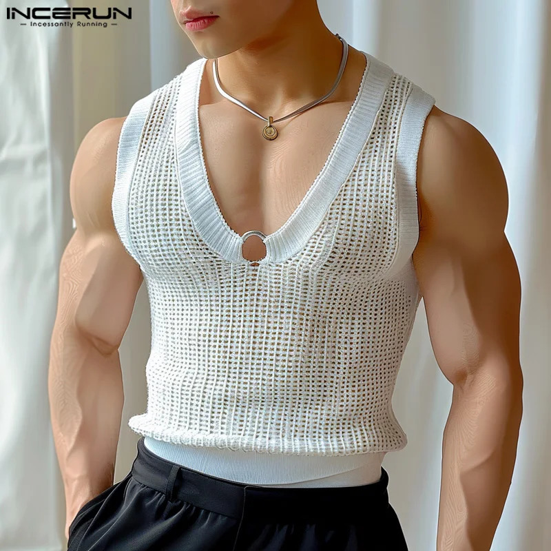Mens Tank Top Hollow V-neck Sleeveless Street Clothing Summer Mens Tank Top Transparent Fashion Casual Mens Clothing INCERUN 250403