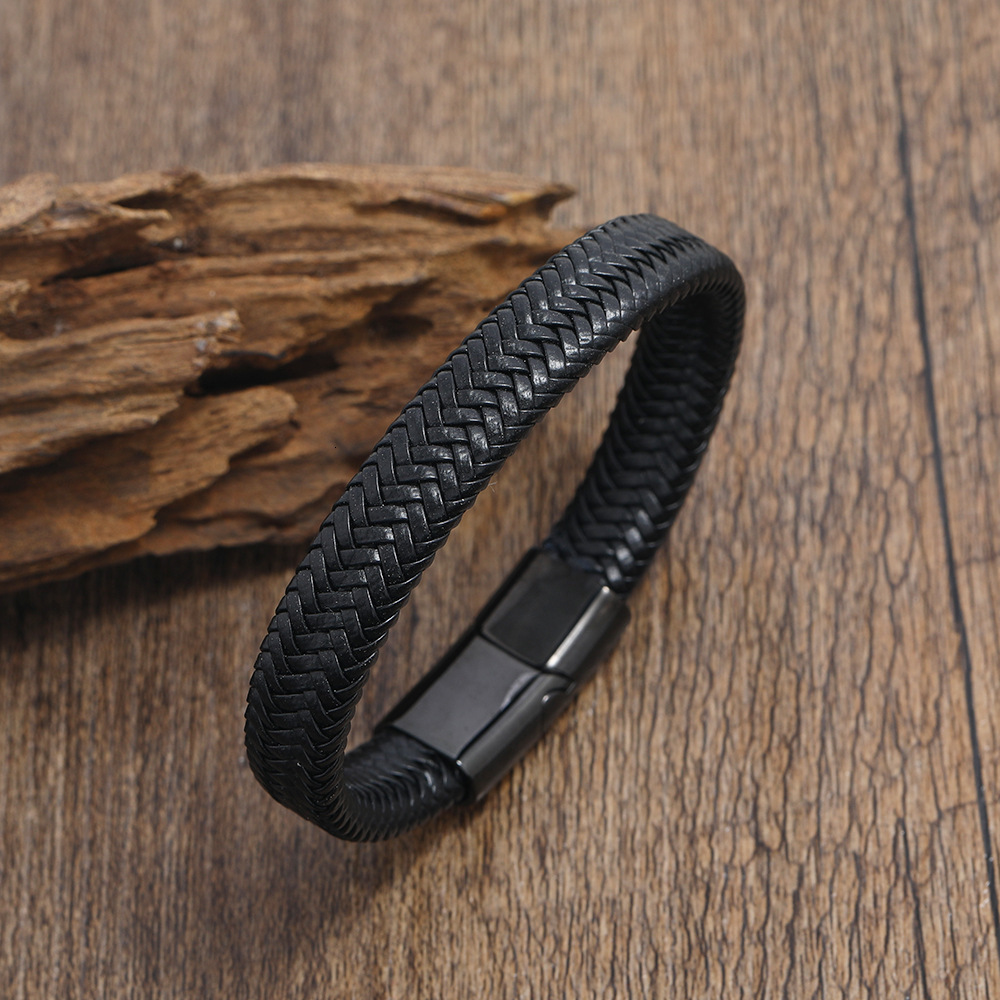 Stainless steel woven leather high-end black magnetic buckle bracelet, gift for friend boyfriend