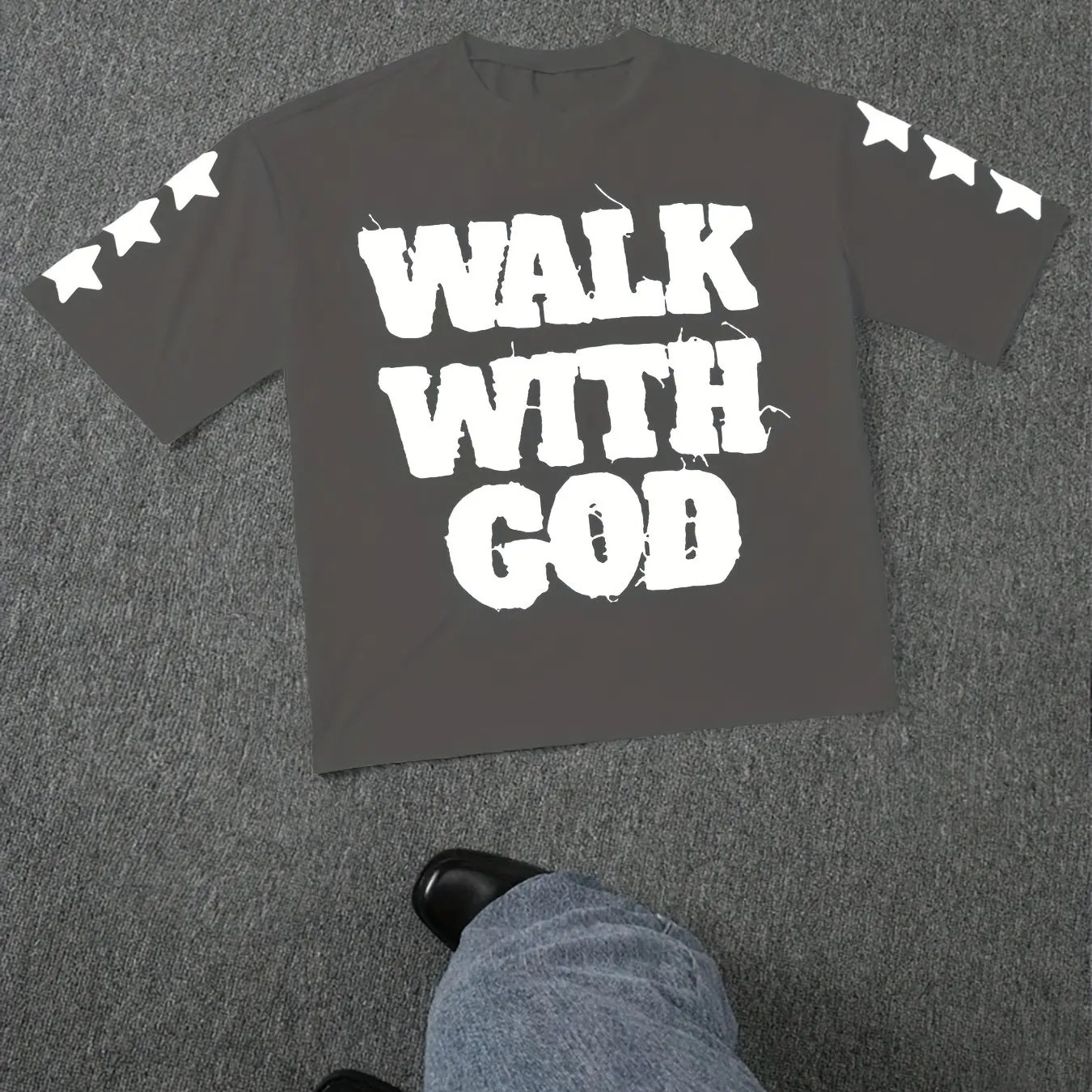Summer Mens Black Walking with God Pattern Tshirt Casual Short Sleeve White Letter Printed Starry Sky n 250331