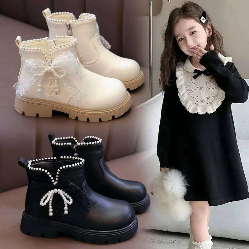 Princess Style Kids Leather Ankle Boots with Beaded Bow Soft Sole for Girls Autumn New 2025 Classic Christmas Party Footwear