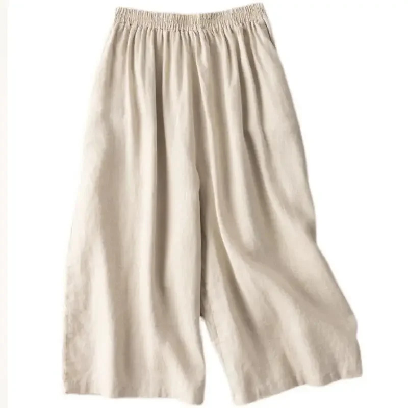 Plus Size Cotton Linen Wide Leg Pants Women Summer Thin Seven-Five Hemp Shorts Large Size Six-Point Three-Quarter Length ... 250408