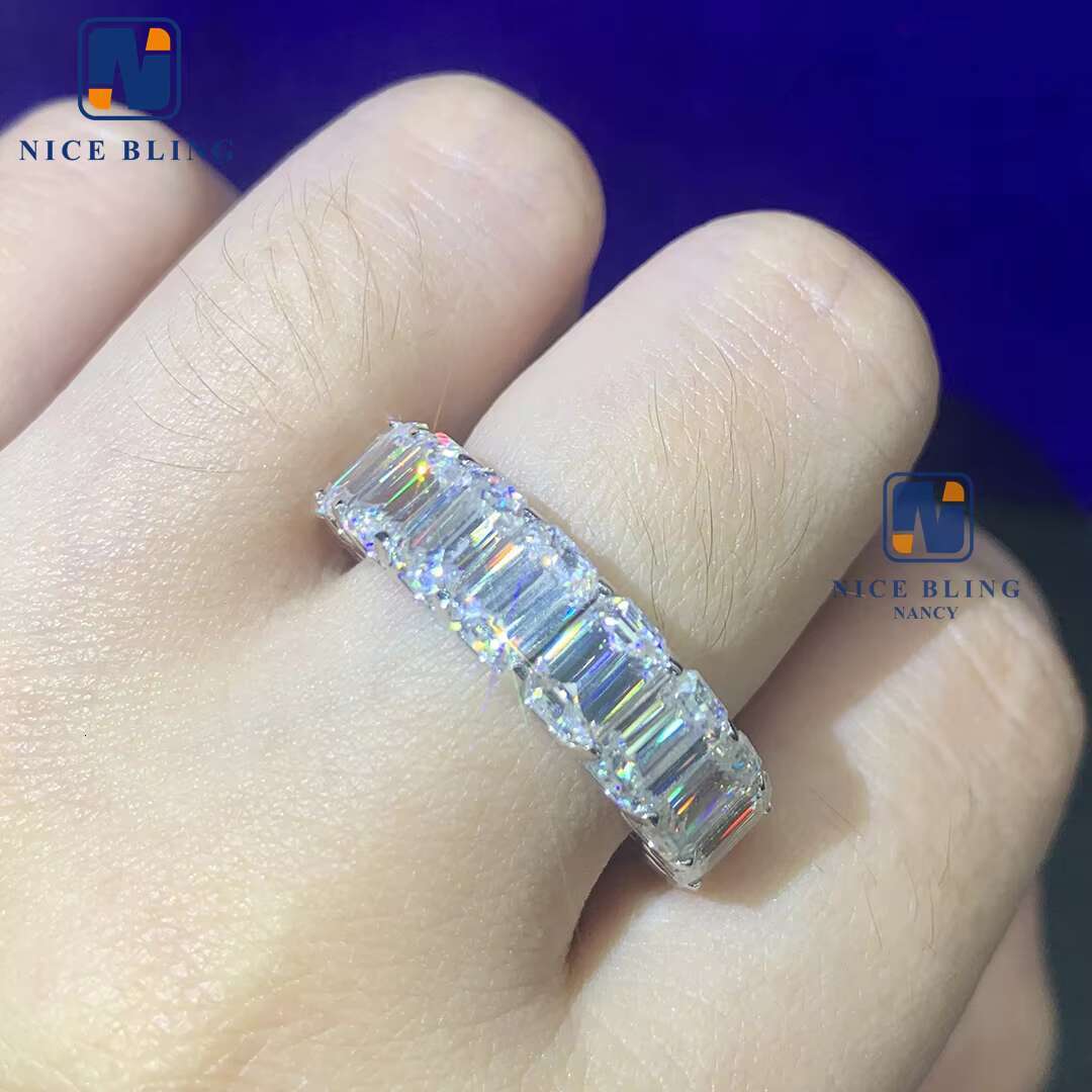 Graceful 925 Silver Gold Plated Women Jewelry Iced Out Classic Emerald Cut Jewelry Eternity Moissanite Diamond Band Ring