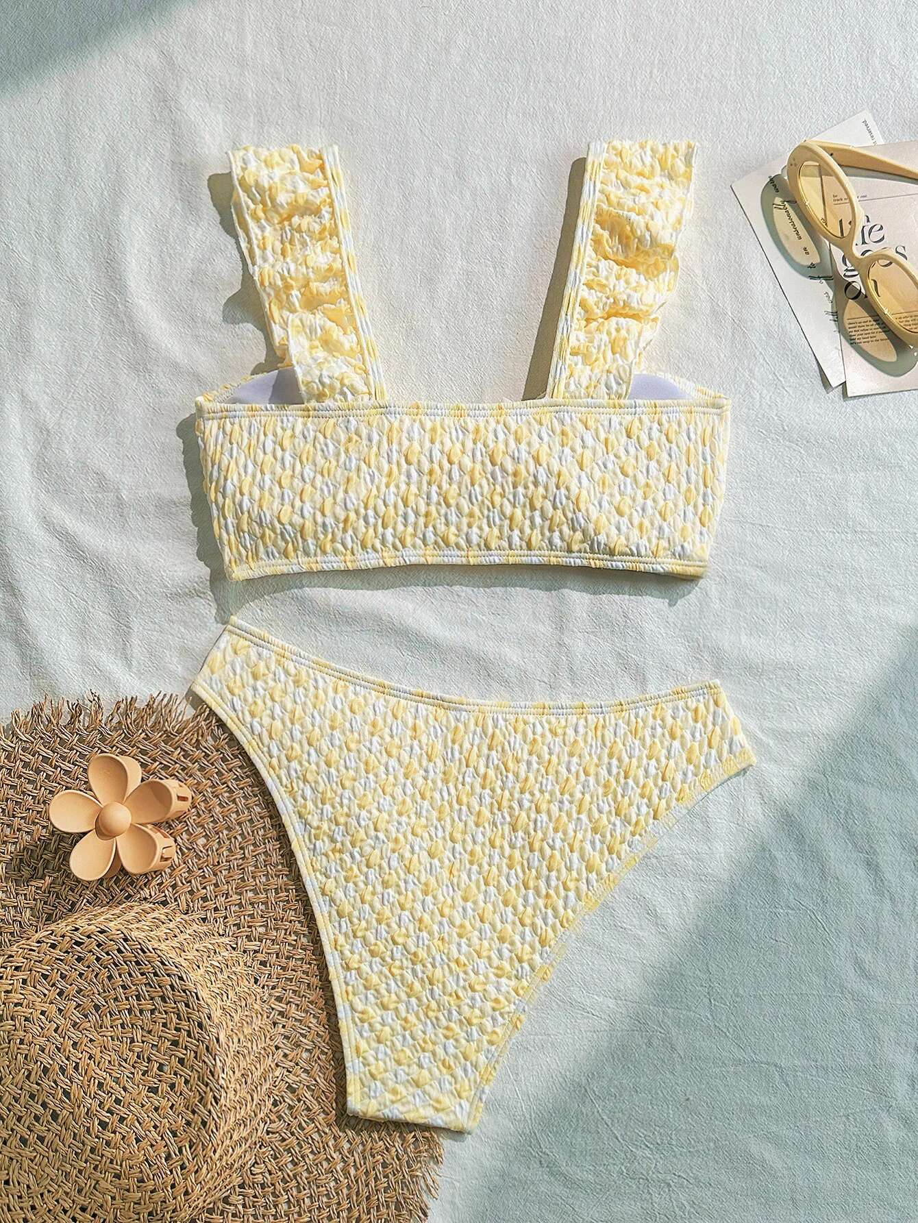 Dongdumaoyi Sexy Front Knot Bow Bikini Set Women Yellow Ruffles Push Up Bra High Waist Swimsuit Bathing Suit Holiday Swimwear Biquini