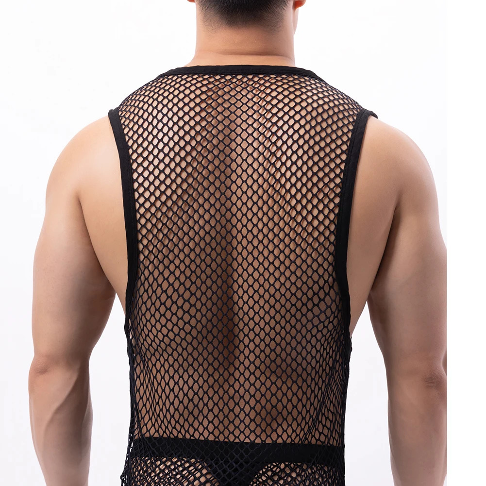 Mens mesh vest transparent Eotic clothing fish net hollow single sleeve vest transparent ultra-thin fitness shirt 250403