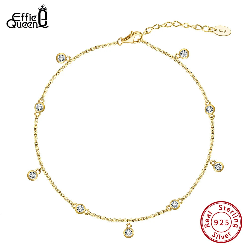 Effie Queen 925 Sterling Silver Row Cubic Zirconia Beaded Ball Chain Anklet for Women Fashion Foot Ankle Straps Jewelry SA70 250403