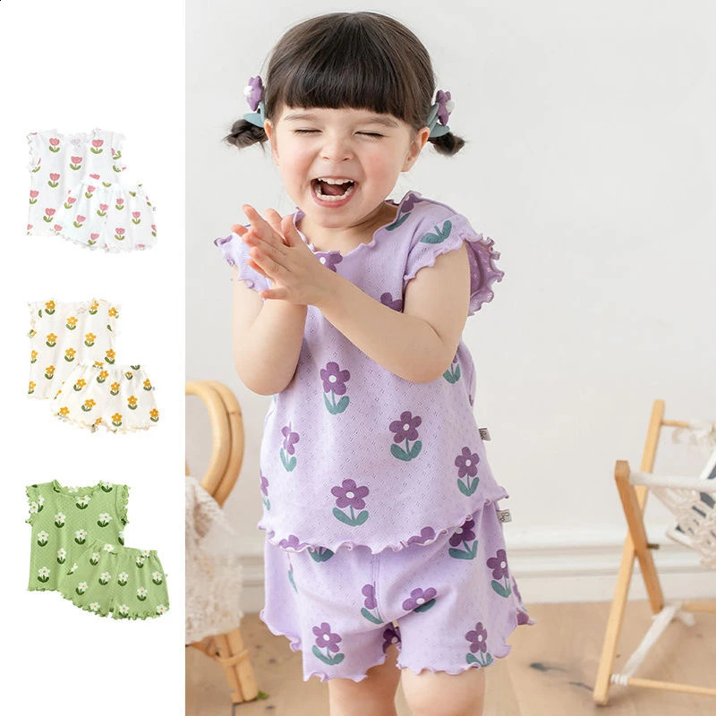 Girls Cute Flowers Pajamas Set Lightweight Short Sleeve Shorts Kids Loungewear Baby Thin Breathable Air Conditioned Homewear 250408