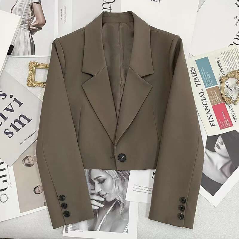 Xpqbb Black Cropped Blazers Woman Trend 2024 New All-Match Notched Collar Crop Jacket Women Korean Chic Single Button Suit Coat