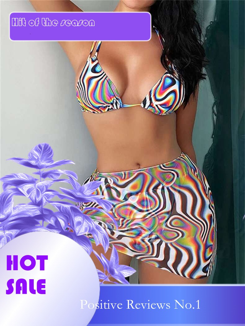 Dongdumaoyi Sexy Colorful Striped Bikini Set Women New Halter Push Up Pleate Skirt Piece Swimsuit Bathing Suit High Waist Swimwear