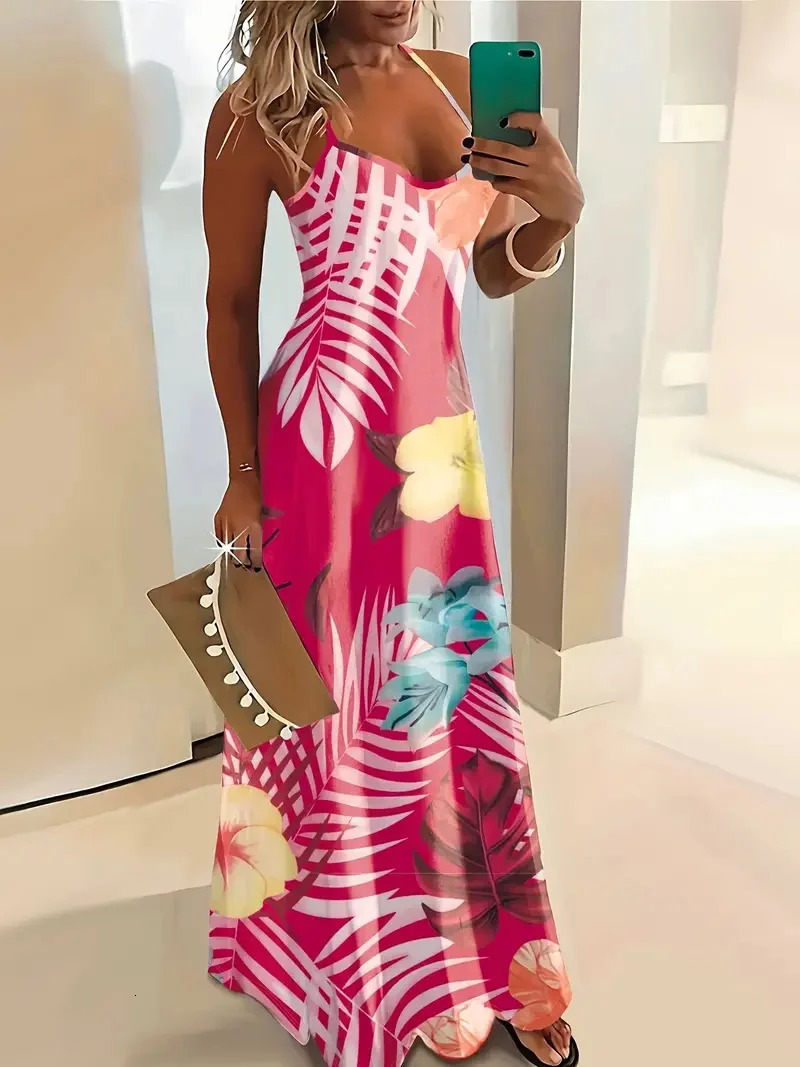 Summer loose womens colorful plant flower print V-neck print casual long skirt Bohemian beach dress 250401