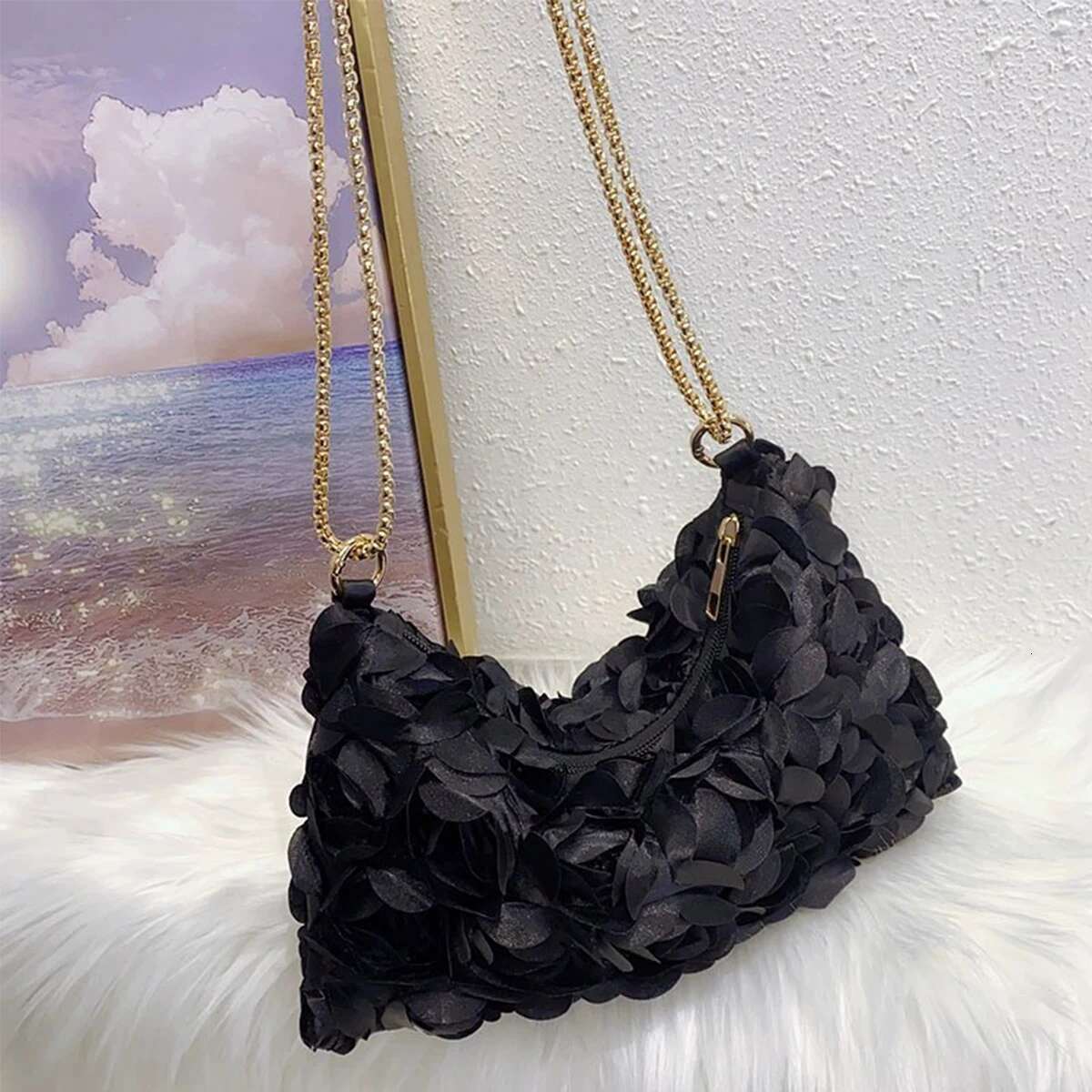 Lite Design Rose Wer Sequined Cotton Chain Zipper Pendant Bag The Underarm Area For Women s Evening Banquet MJN