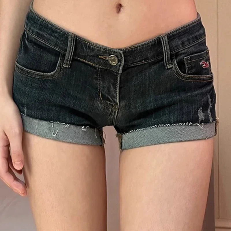Woman Y2k Low Waist Streetwear Trashy Jeans Female Harajuku Sexy Mini Pants s Vintage Clothes Deep Blue Denim Stacked Shorts 250408