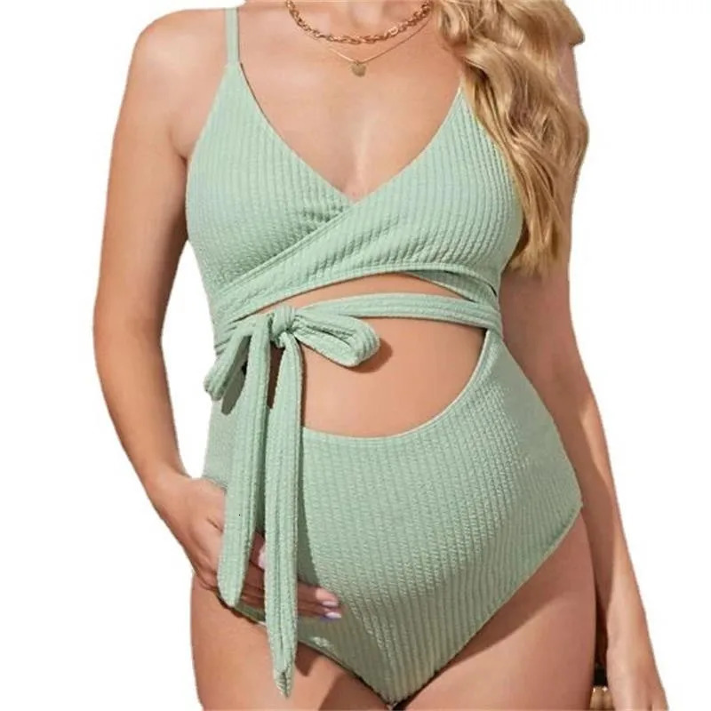 Maternity Bikini Wear For Pregnant Women Solid Green Hollow Swimsuits Pregnancy One Piece Bow Tie Bathing Suit Premama Swimwears 250407