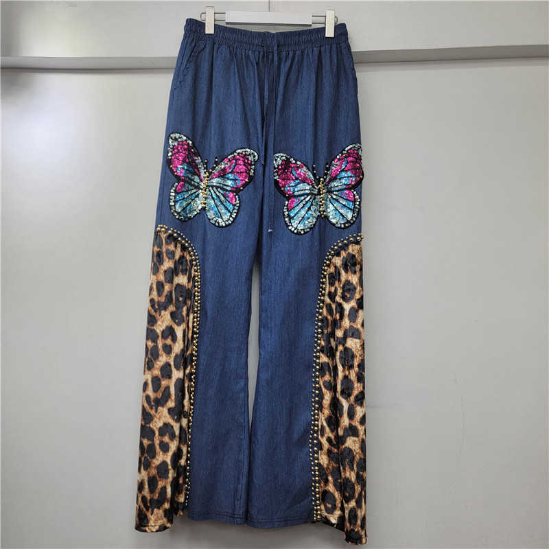 Bright sequin women's clothing; beautiful denim short-sleeved butterfly sequin top and straight-leg wide-leg trousers two-piece suit L251108