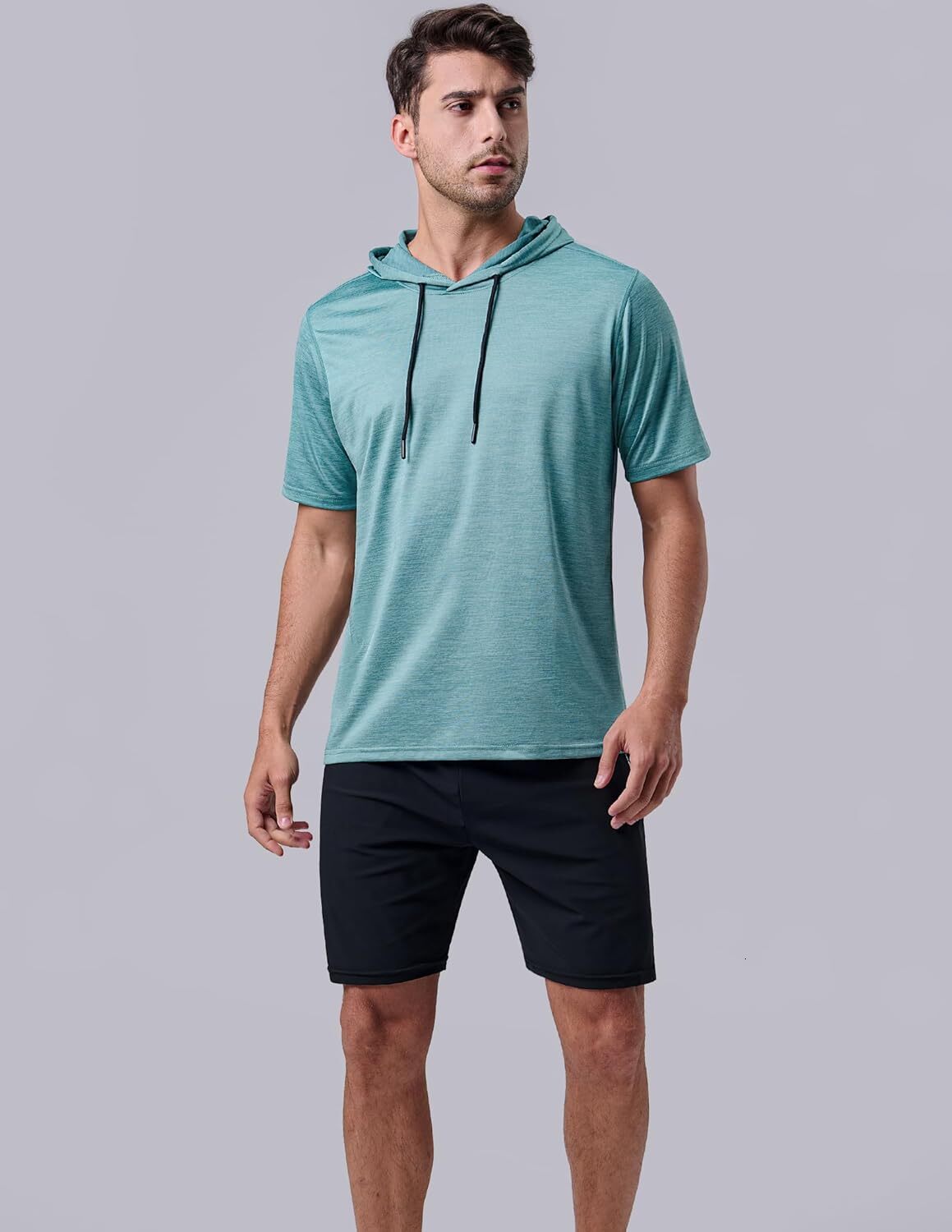 3-piece set: Men's lightweight short sleeved exercise hoodie, sports dry hooded T-shirt, suitable for running in the gym