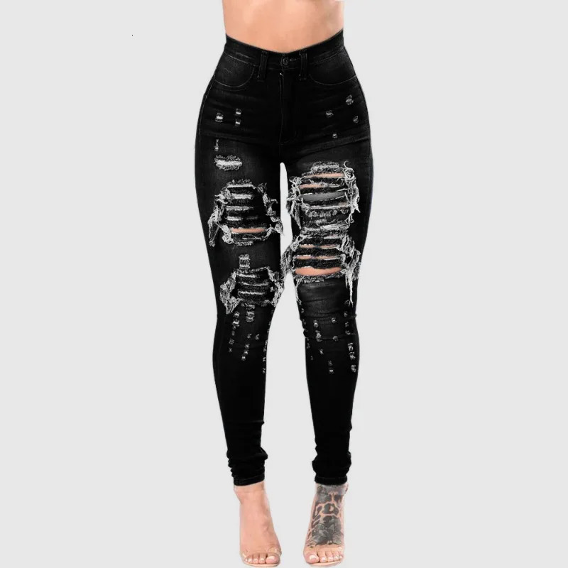 Womens High Waist Tear off Jeans Tight Black Pocket Elastic Slimming Pants 250407
