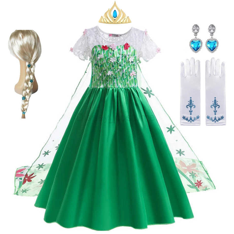 Disney Elsa Green Childrens Dress Girl Princess Dress Childrens Long Dress Flower Lace Ball Dress Summer X2504081