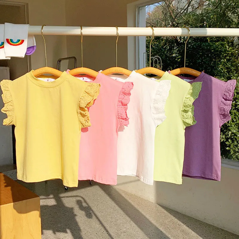 Girls T-shirts Summer Sweet Flying Sleeve Tops for Kids Lace Children Tees Cotton Toddler Blouse Baby Outfits Clothing 250408