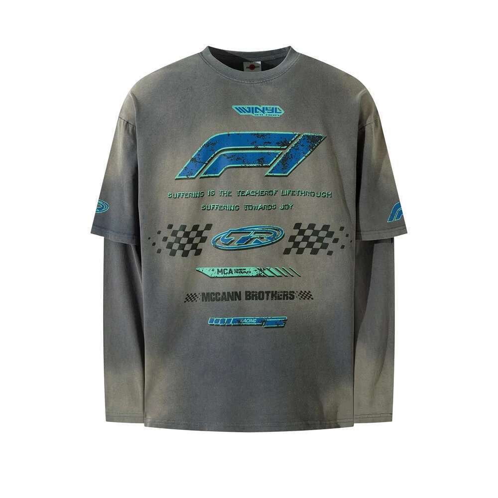 Racing Double-Sided Printed T-Shirt Mens Fake Two Pieces Spliced Autumn Crew Neck Loose Long Sleeve Washed Distressed Cotton Tee