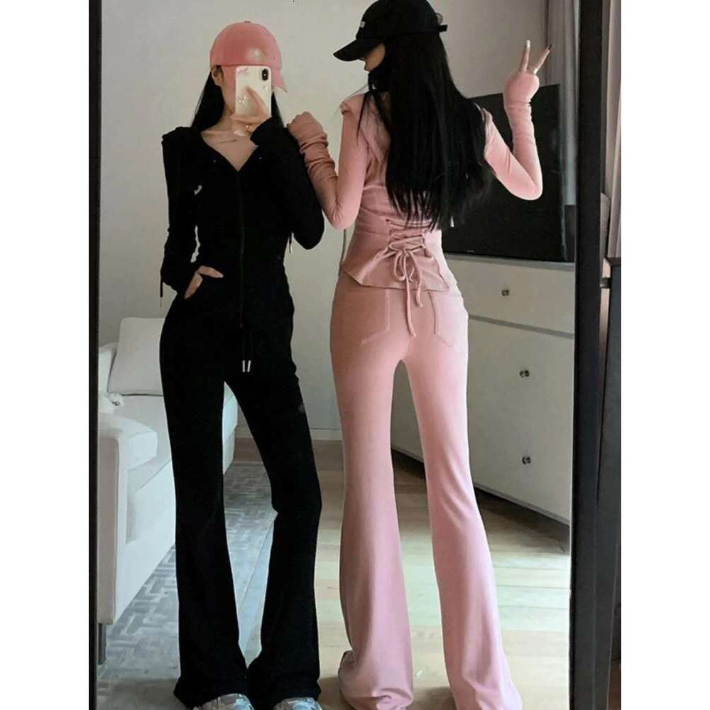 Y2k High Street Two Piece Set Tracksuit Women Hooded Zipper Jacket + Drawstring Wide Leg Pants Korean Fashion Solid Slim Outfits