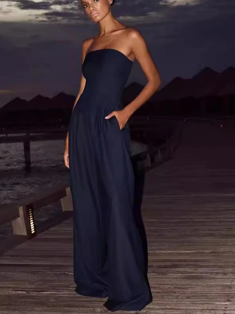 Womens solid strapless jumpsuit sexy and elegant streetwear sleeveless backless loose wide leg pants summer 250407