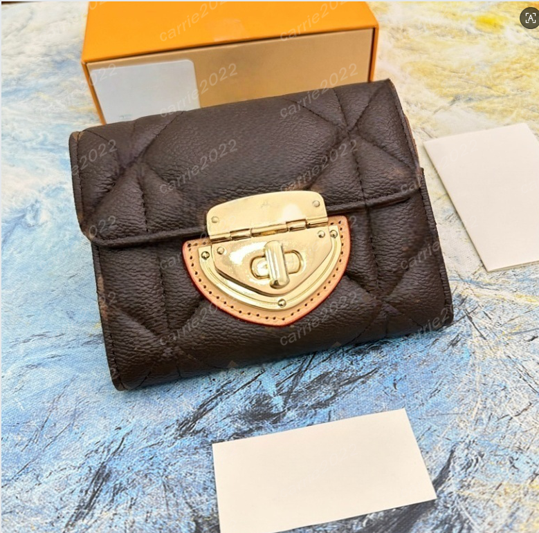 7A 63799 Ladies Fashion Casual short wallet Designer Leather Compact S-lock Short Coin Purse Credit Card Holders Key Pouch Wallet 66556 Brown flower color