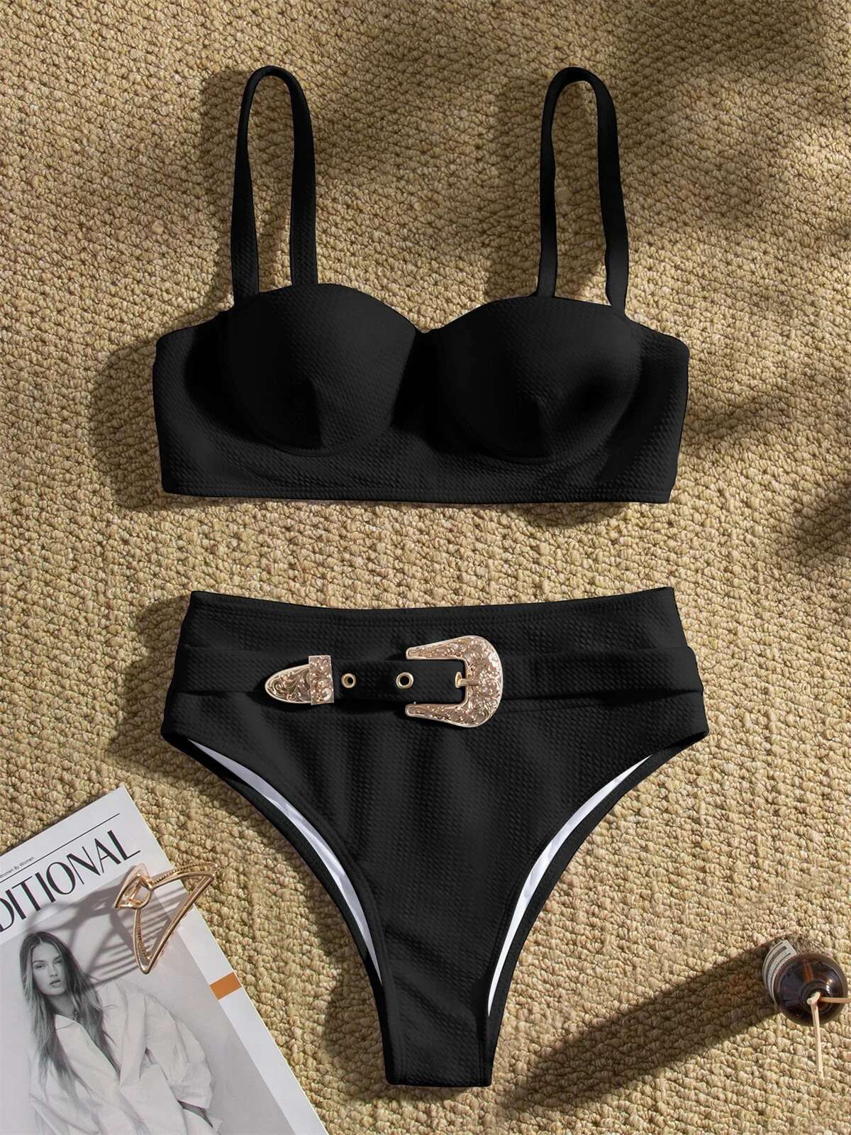 Dongdumaoyi Sexy Rhinestone Belt High Waist Bikinis Set Women Solid White Black Push Up Underwire Swimsuit Buckle Bathing Suit Swimwear