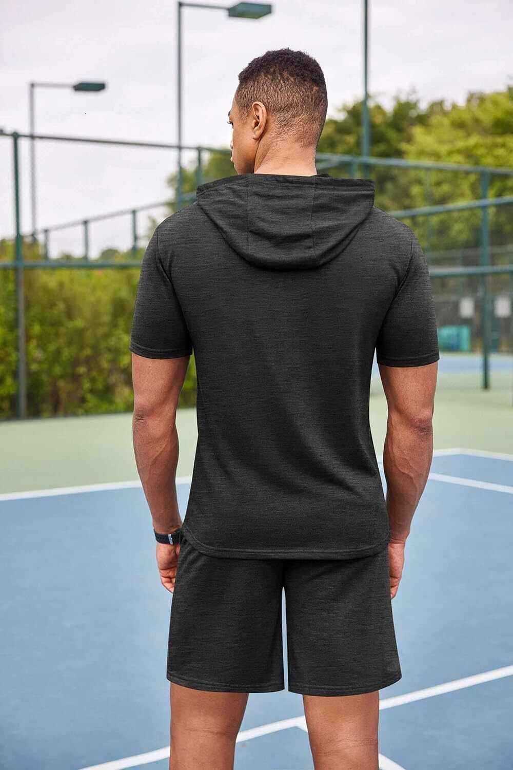 Men's 2-piece clothing short sleeved casual sports hooded sweatshirt shorts set