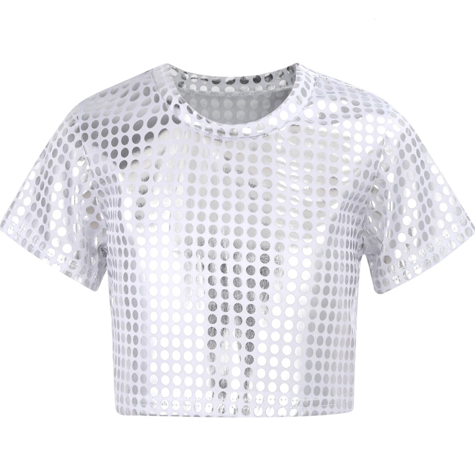 Jazz Dance Costumes Kids Boys Girls Shiny Sequins Short Sleeve Solid Color T-shirt Crop Tops Street Dance Stage Performance Wear 250407