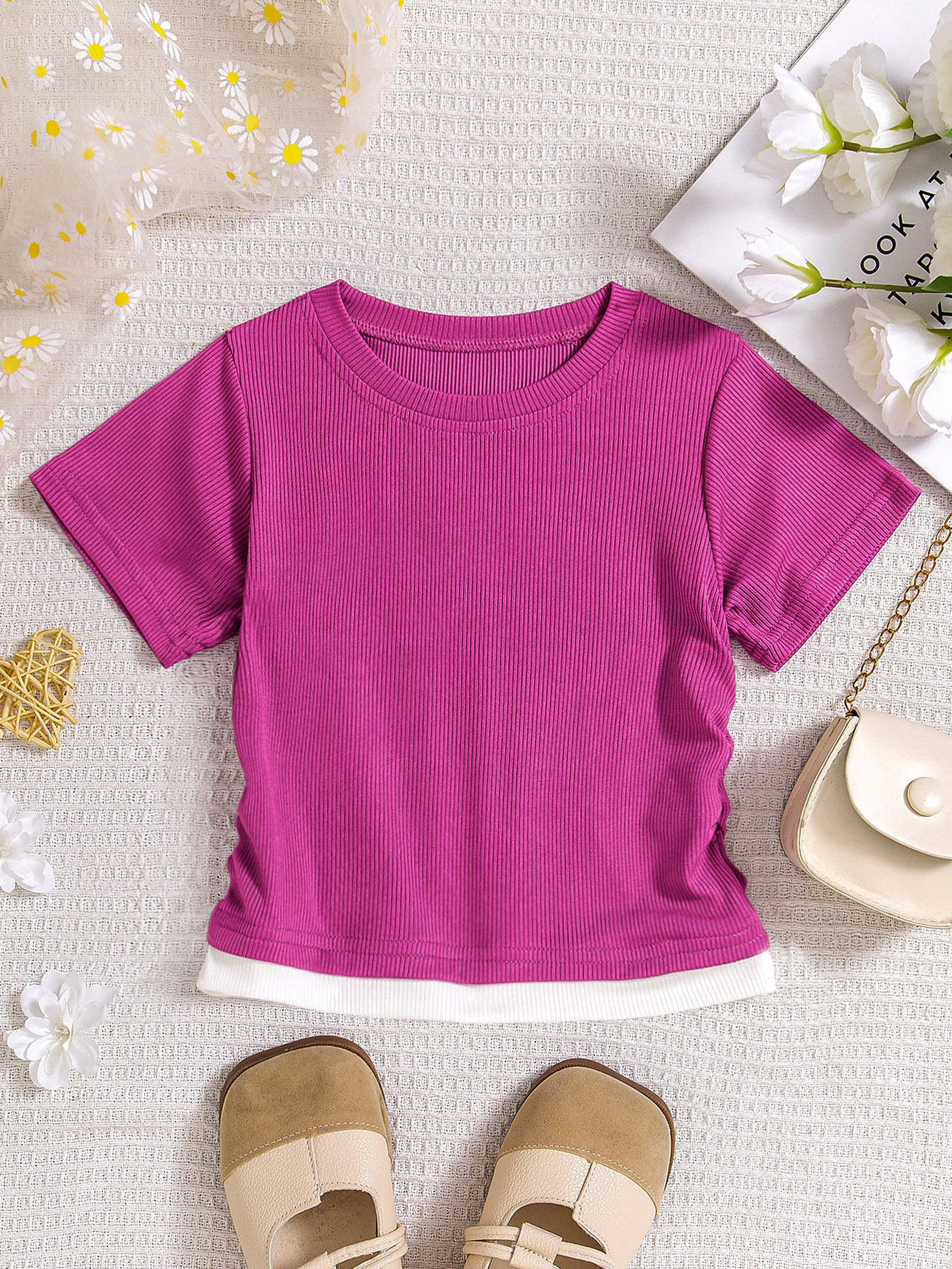 Ddmyshoesvip Splicing Fake Two Slim Fit T Shirts Contrasting Colors Sexy Short Style Girls Solid Color Pleated Design Top