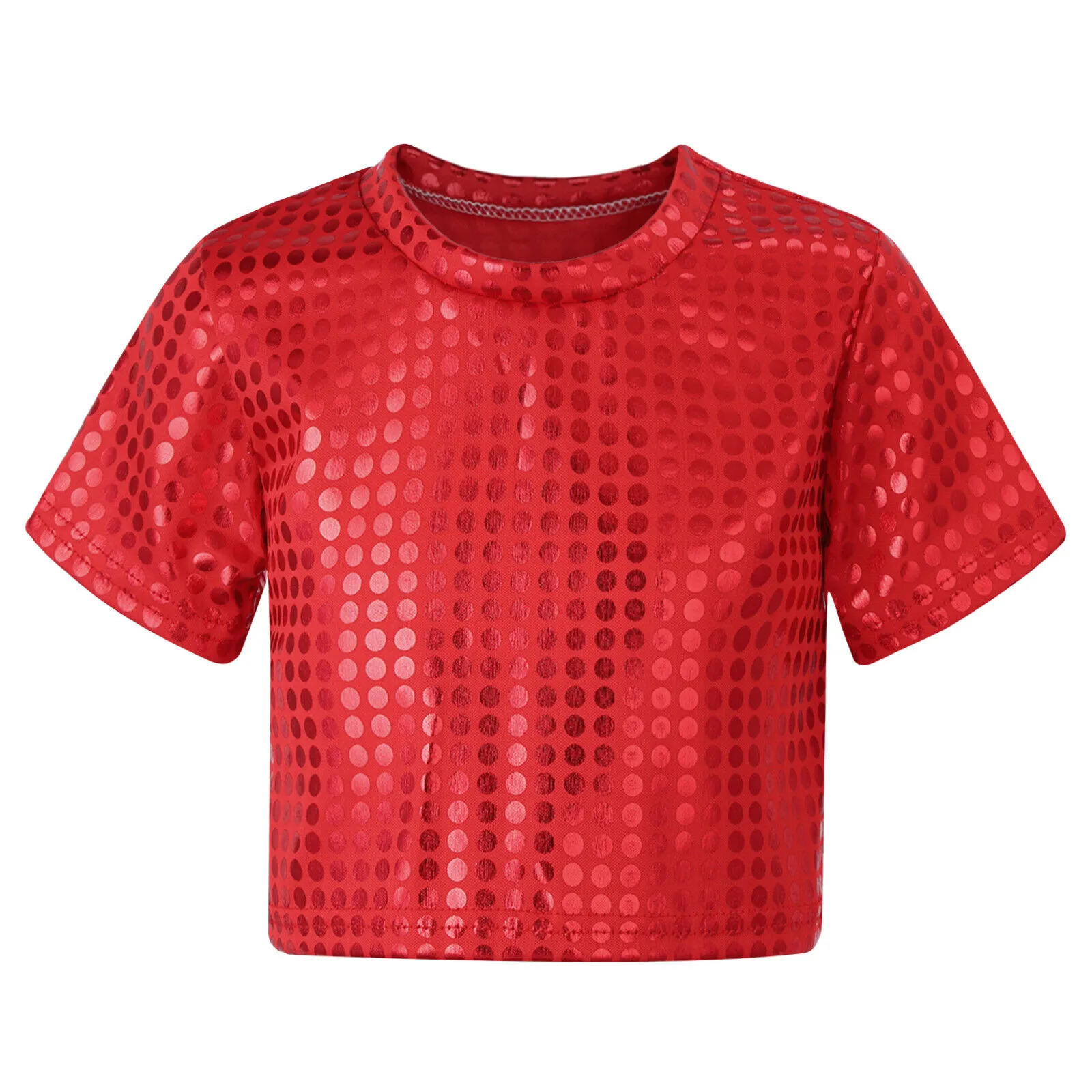 Jazz Dance Costumes Kids Boys Girls Shiny Sequins Short Sleeve Solid Color T-shirt Crop Tops Street Dance Stage Performance Wear 250407