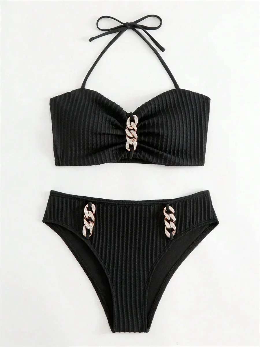 Dongdumaoyi Sexy Rhinestone Bikini Women Luxury White Black Bandeau Push Up Micro Swimsuit Beach Bathing Suit Metal High Waist Swimwear