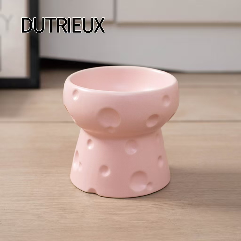H1354 Ceramic pet bowl with neck support and tipping prevention, large diameter flat mouth cat and dog food and water bowl