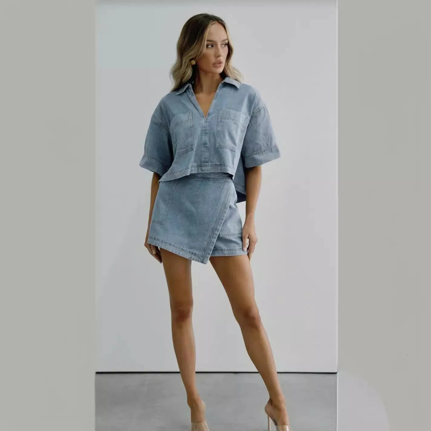 Summer Women Blue Denim Skirt Suit Loose 2 Piece Set Short Sleeve with Pocket Shirt and Irregular Skirt Female Street Out 250408